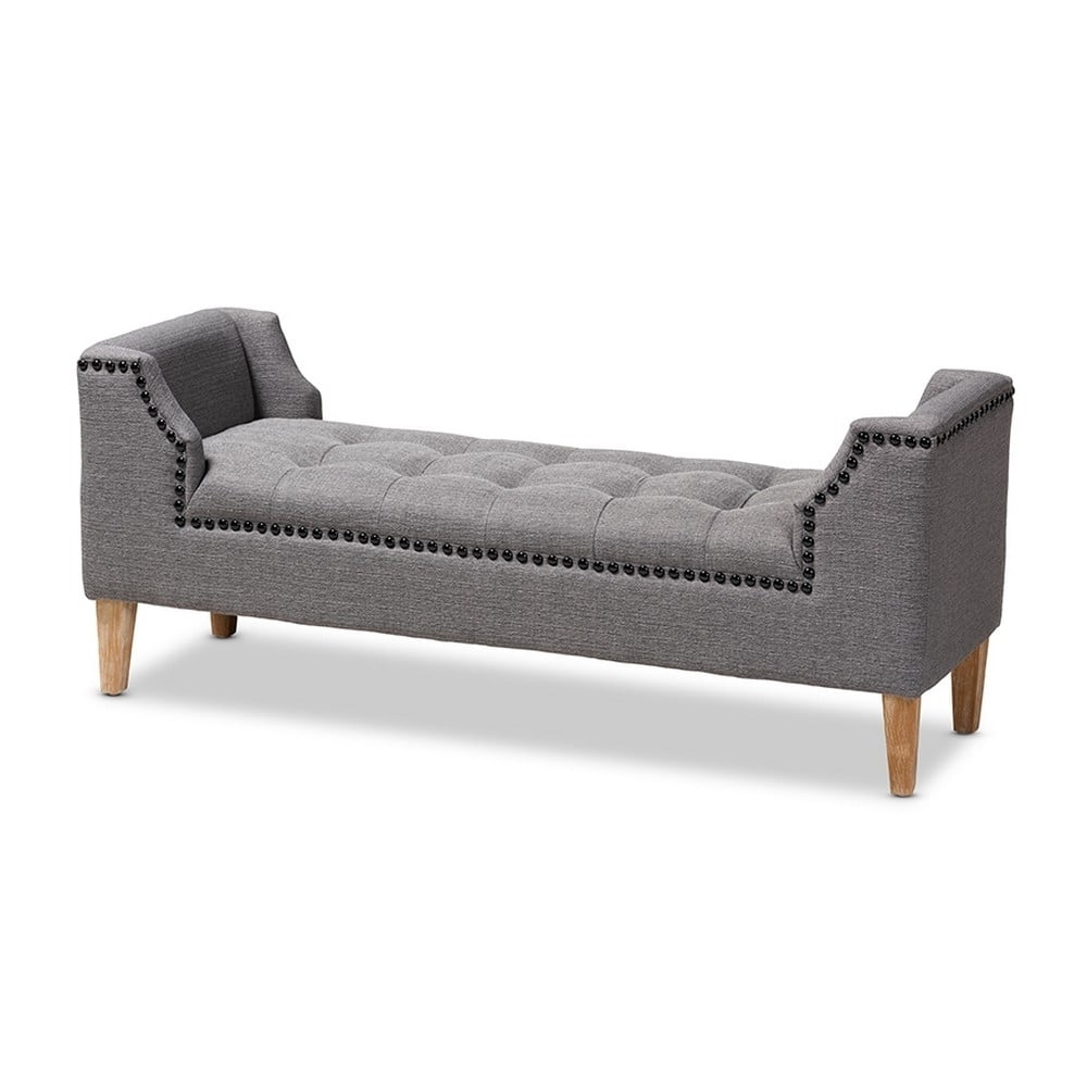 Gray Linen Upholstered Oak Wood Bench with Tapered Legs