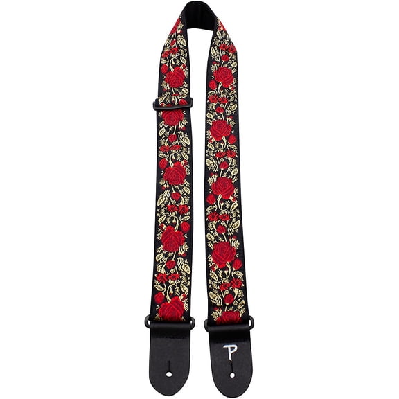 Perri's Premium Jaquard Weaved on Webbing Backing Guitar Strap Red Metallic Rose 2 in.