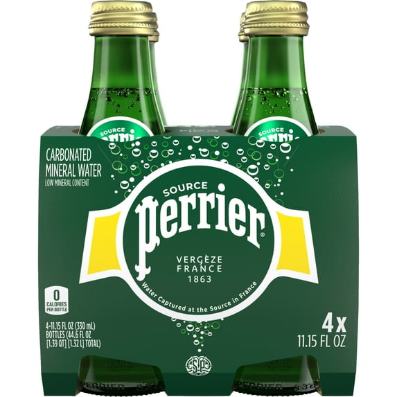Perrier Carbonated Mineral Water, 11.15 fl oz Glass Bottle, 4 Pack, Allergens Not Contained