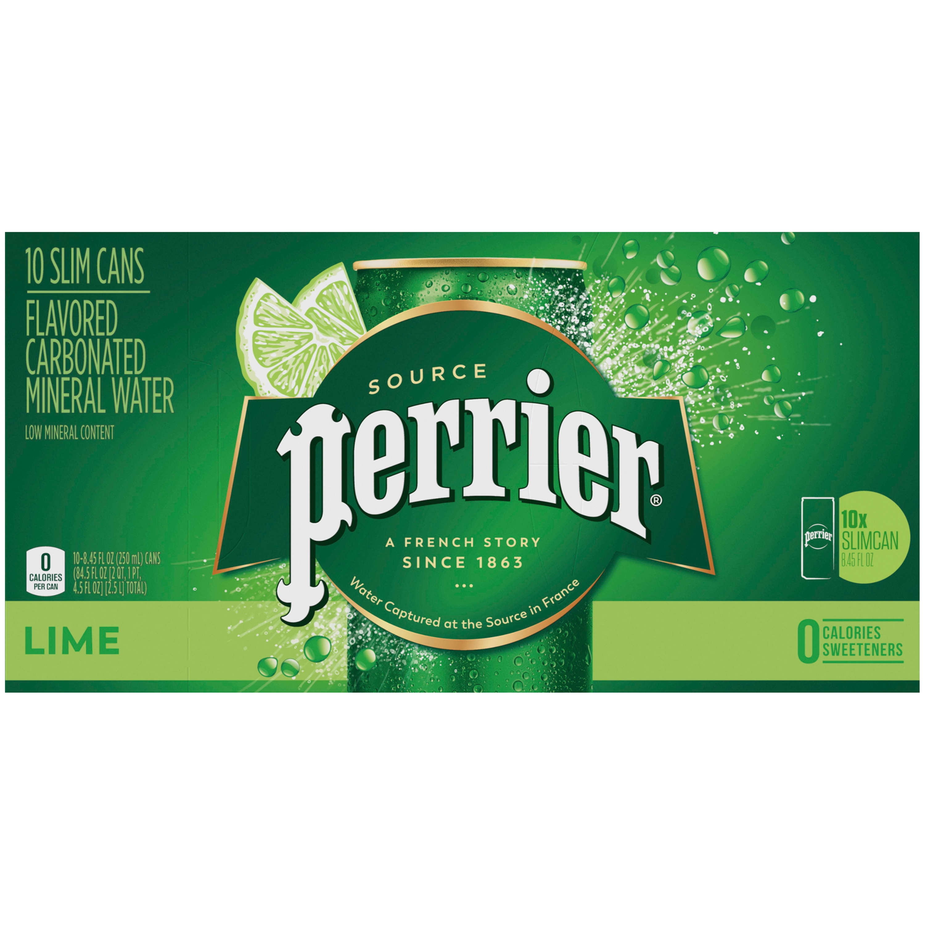 Perrier Lime Flavored Carbonated Mineral Water, 8.45 fl oz. Slim Cans (10 Count) 84.5 fl oz