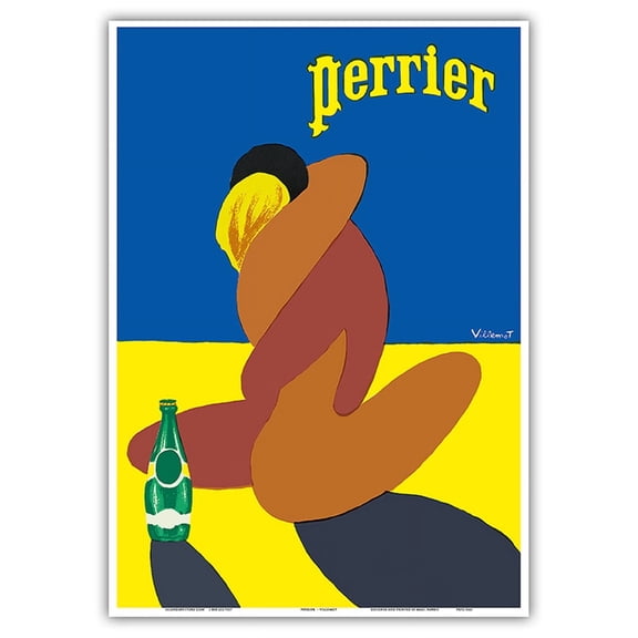 Perrier - Lovers Couple Embracing - French Bottled Water - Vintage Advertising Poster by Bernard Villemot c.1980 - Master Art Print 10in x 14in