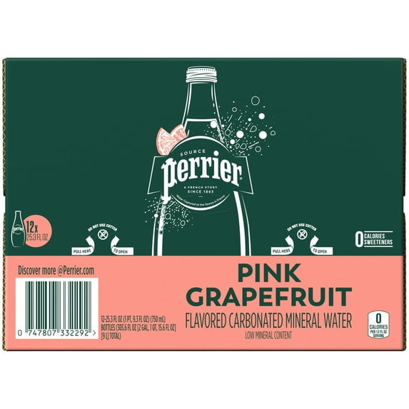 Perrier Pink Grapefruit Flavored Sparkling Water, 303.6 fl oz, 12 Pack Glass Water Bottles
