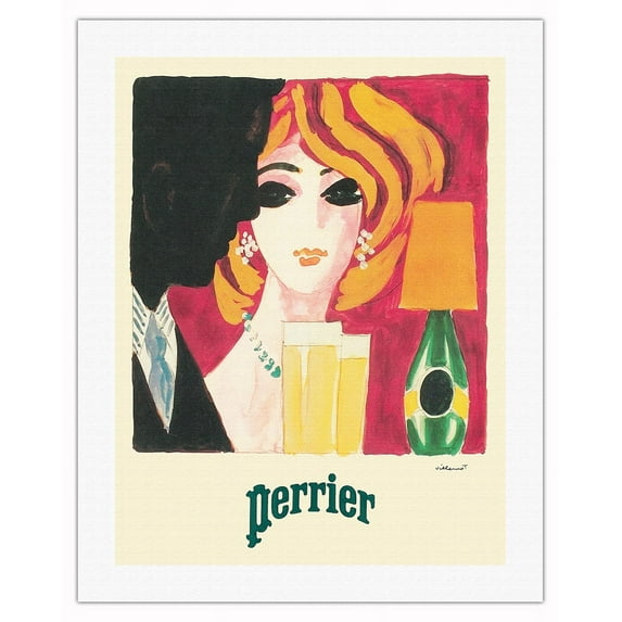 Perrier Sparkling Mineral Water - Vintage French Advertising Poster by Bernard Villemot - Fine Art Rolled Canvas Print (Unframed) 20in x 26in