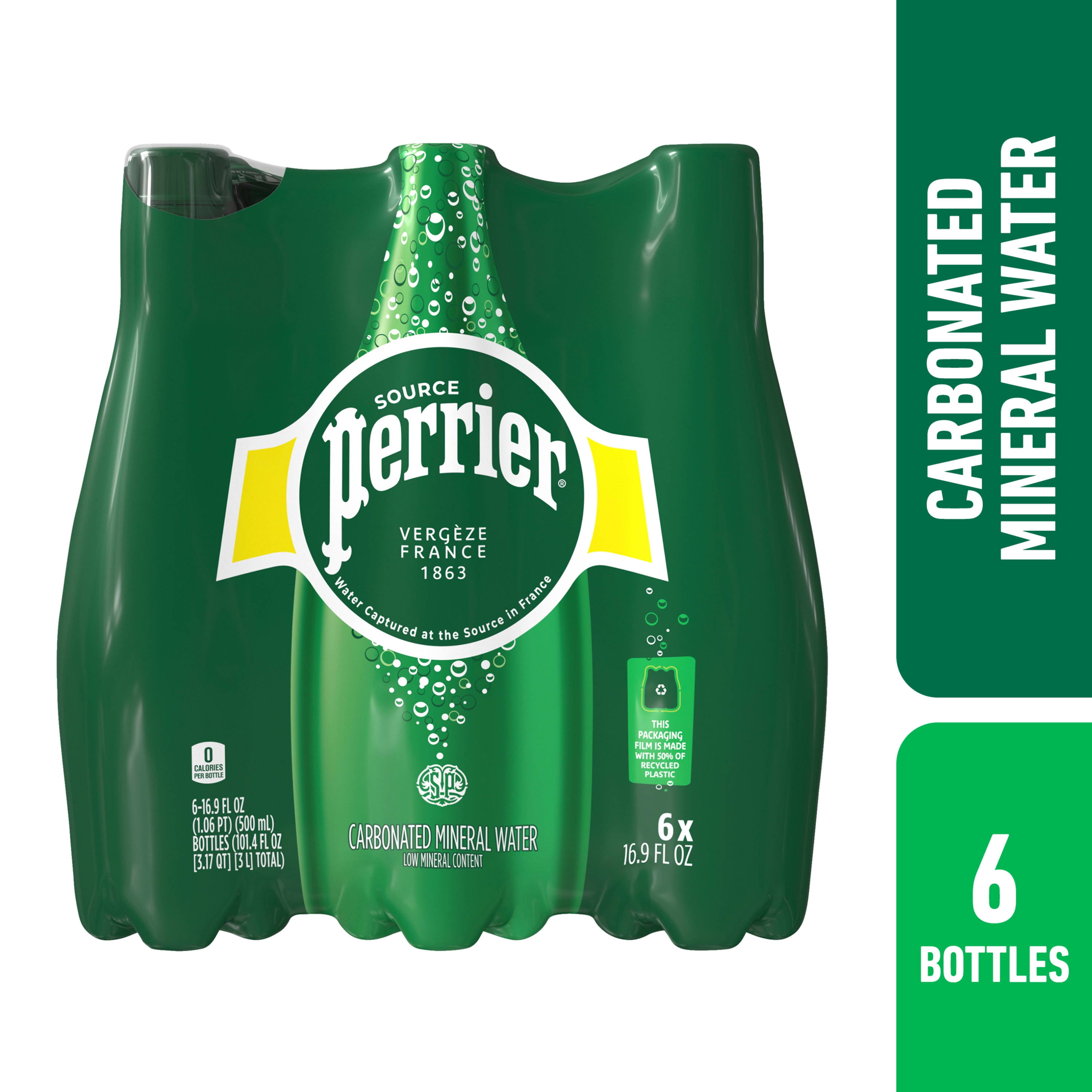 Perrier Sparkling Unflavored Mineral Water, 101.4 fl oz, 6 Pack Plastic