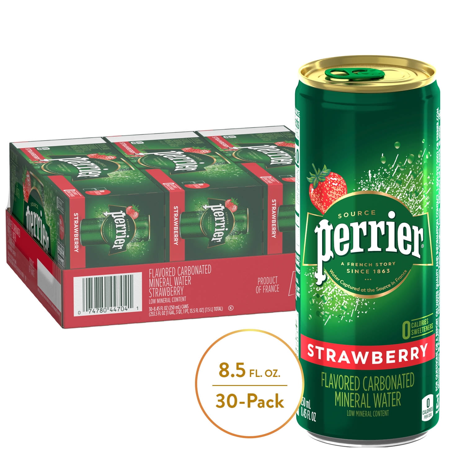 Perrier Strawberry Flavored Sparkling Water, 253.5 fl oz, 30 Pack Slim Cans