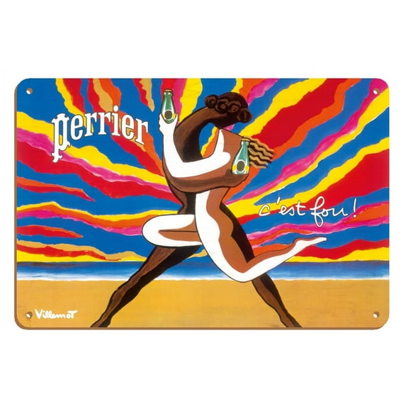 Perrier - The Dancing Couple (Le Couple Dansant) - This is Crazy! (C’est Fou!) - Vintage Advertising Poster by Bernard Villemot c.1980 - 8 x 12 inch Vintage Wood Art Sign