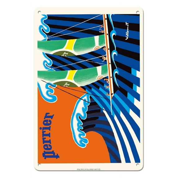 Perrier - The Sailboat - Hokusai The Great Wave - Vintage Advertising Poster by Bernard Villemot c.1981 - 8 x 12 inch Vintage Metal Tin Sign