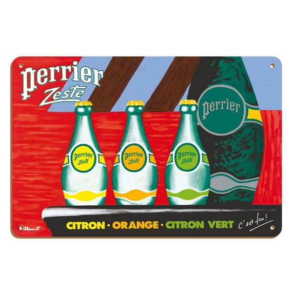 Perrier Zest - Lemon Orange Lime Sparkling Waters - Vintage Advertising Poster by Bernard Villemot - 8 x 12 inch Vintage Wood Art Sign