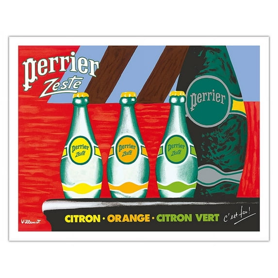 Perrier Zest - Lemon Orange Lime Sparkling Waters - Vintage Advertising Poster by Bernard Villemot - Fine Art Matte Paper Print (Unframed) 11x14in