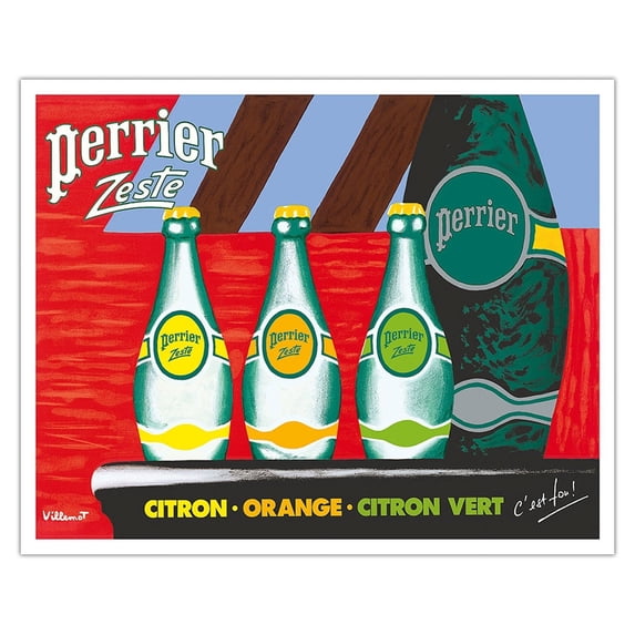 Perrier Zest - Lemon Orange Lime Sparkling Waters - Vintage Advertising Poster by Bernard Villemot - Fine Art Matte Paper Print (Unframed) 16x20in