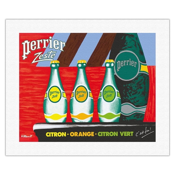 Perrier Zest - Lemon Orange Lime Sparkling Waters - Vintage Advertising Poster by Bernard Villemot - Fine Art Rolled Canvas Print 16in x 20in