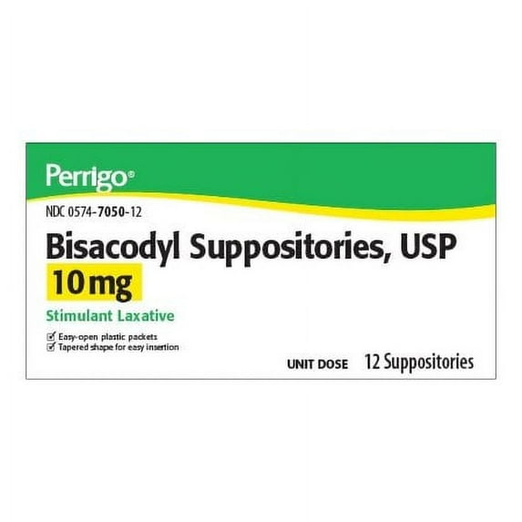 Perrigo Bisacodyl Suppositories USP Laxative 10 mg Strength 12/BOX