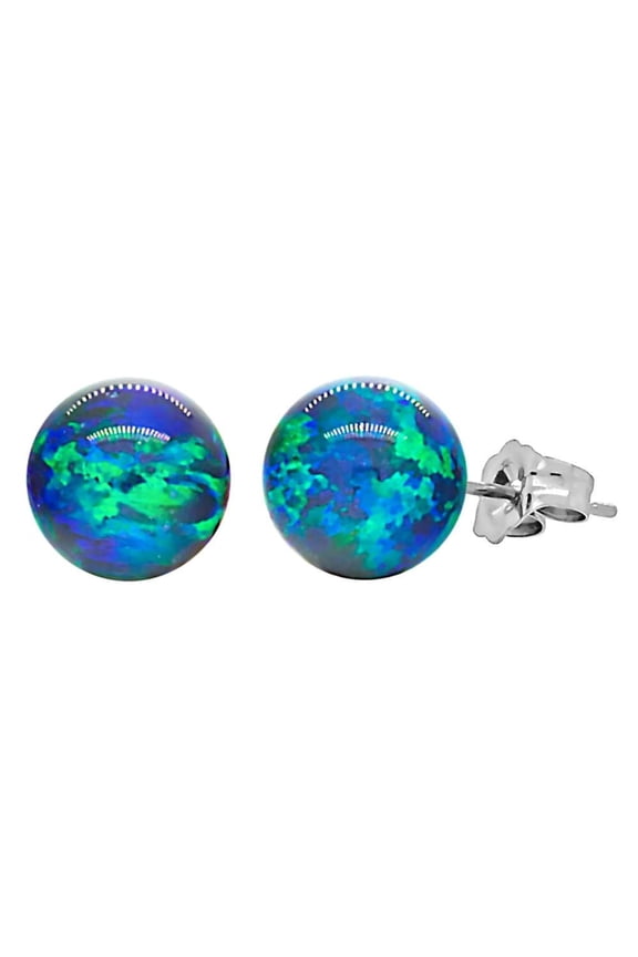 Perrin: 10mm Blue-Green Peacock Synthetic Opal Ball Stud Post Earrings 14K White Gold