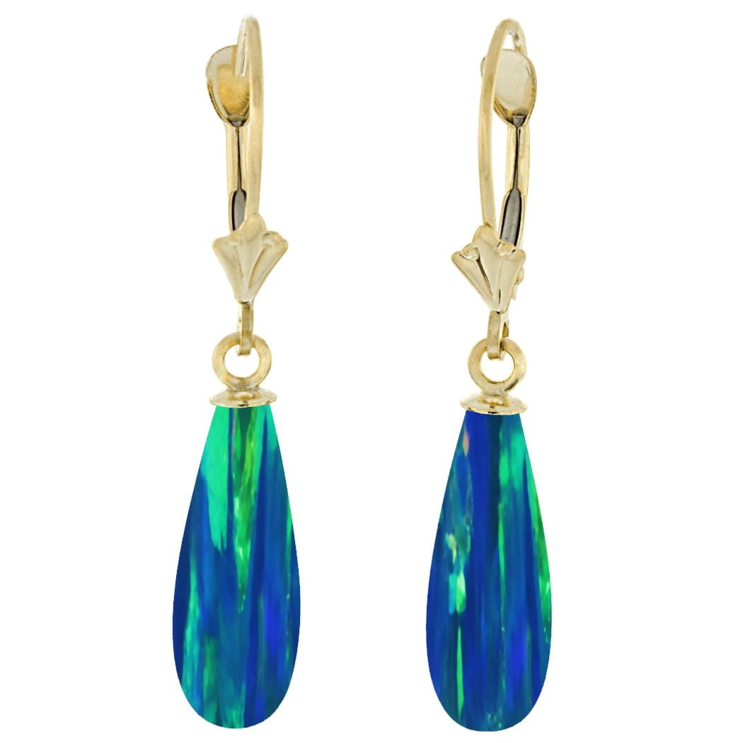 Perrin: 16mm Blue-Green Peacock Synthetic Opal Teardrop Lever Back Earrings 14-20 Gold Filled