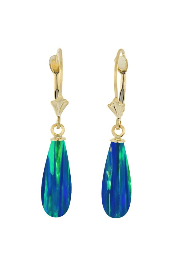 Perrin: 16mm Blue-Green Peacock Synthetic Opal Teardrop Lever Back Earrings 14K Yellow Gold