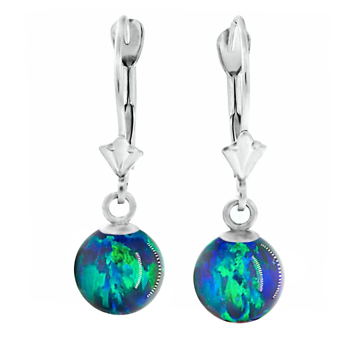 Perrin: 6mm Blue-Green Peacock Synthetic Opal Ball Lever Back Earrings 14K White Gold