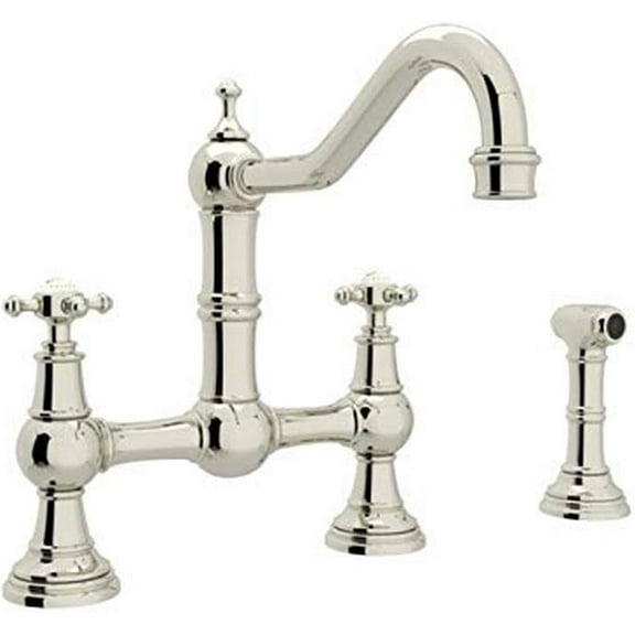 Perrin & Rowe Edwardian Era Cross Handle Bridge Kitchen Faucet With Sidespray Rinse In Polished Nickel With 9" Reach Spout