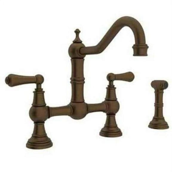 Perrin & Rowe Edwardian Era Lever Handle Bridge Kitchen Faucet With Sidespray Rinse In English Bronze With 9" Reach Spout