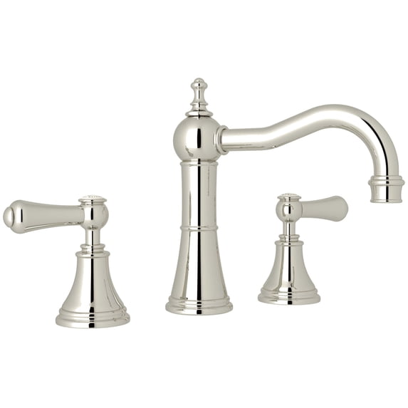 Perrin & Rowe Georgian Era Column Spout Widespread Lavatory Faucet In Polished Nickel With Porcelain Hot And Cold Indicator Cap Metal Lever