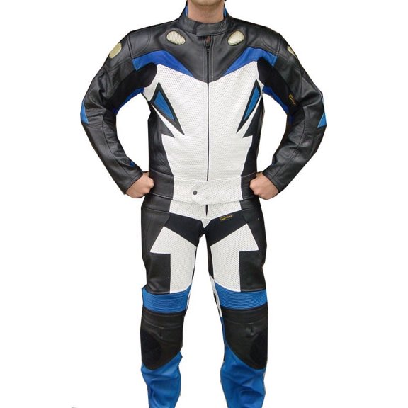 Perrini 2 PC Genuine Leather Motorbike Motorcycle Racing Suit with Padding Blue Perforated
