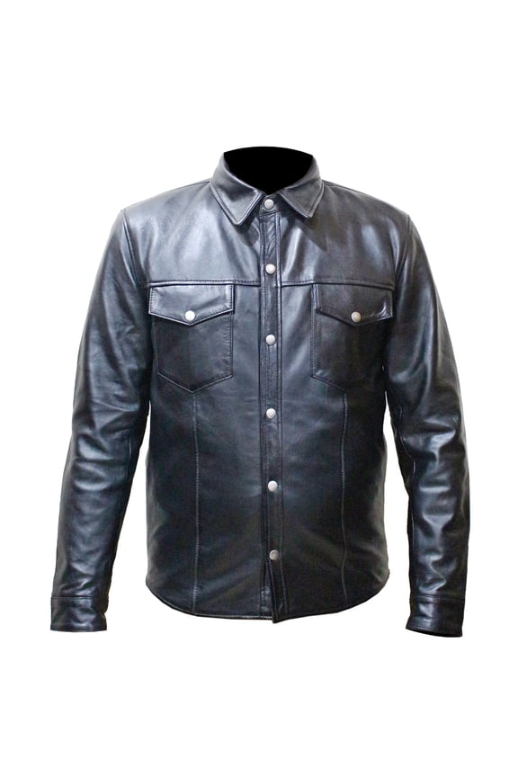 Mens Black Soft Leather Full Sleeve Button up Shirt