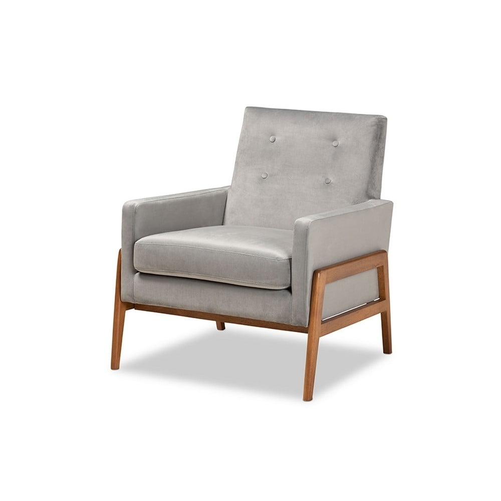 Perris Grey Velvet and Walnut Brown Wood Accent Chair