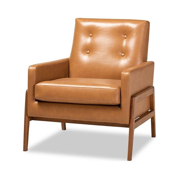 Perris Mid-Century Modern Tan Faux Leather Upholstered and Walnut Brown Finished Wood Lounge Chair