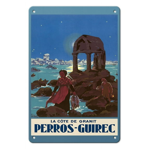 Perros-Guirec France - Pink Granite Coast (Côte de Granit Rose) - Oratory of Saint-Guirec - Vintage Travel Poster c.1938 - 8 x 12 inch Vintage Metal Tin Sign