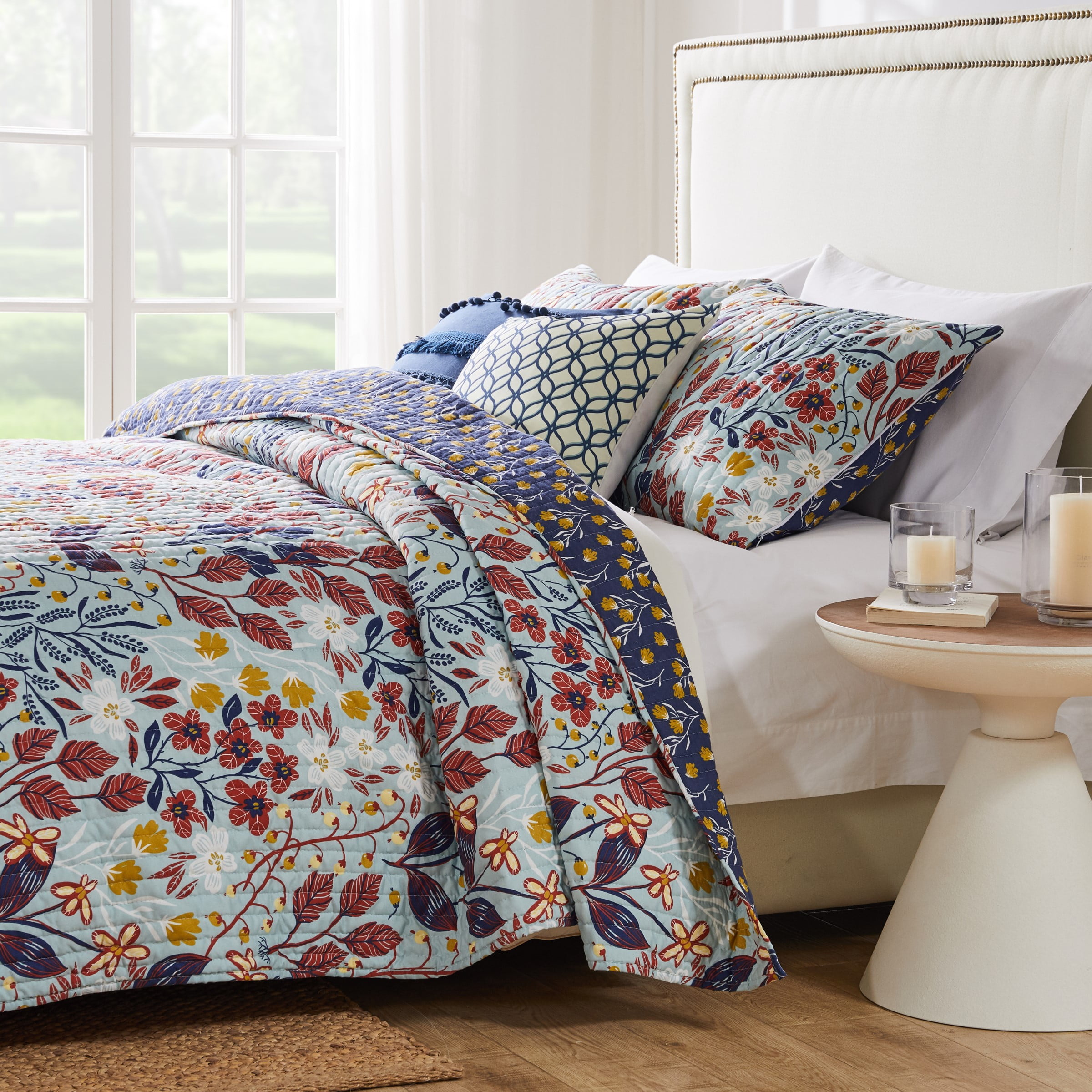 Perry Slate Blue Reversible King Microfiber Quilt Set