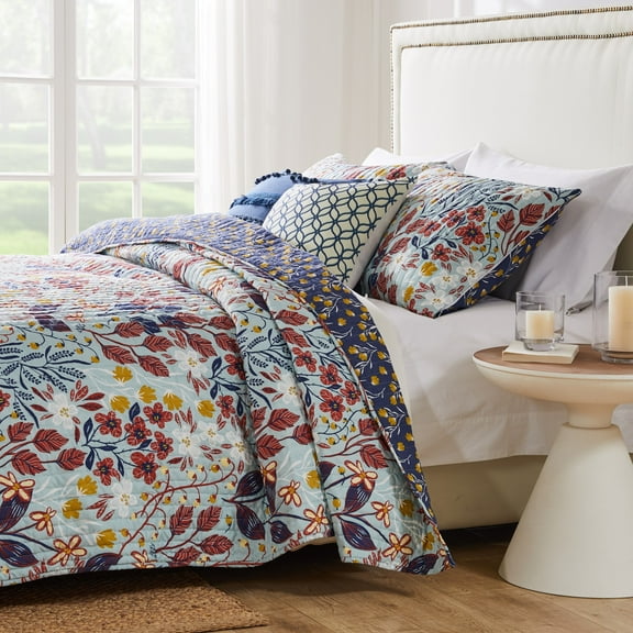 Perry Cotton-Rich Mid-Century Modern Botanical Print Quilt Set, 3-Piece King/Cal King