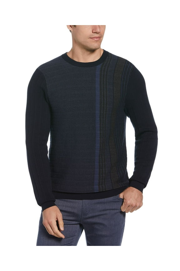 Big & Tall Placed Vertical Stripe Textured Crewneck Sweater, Dark Sapphire, Size 3XLT