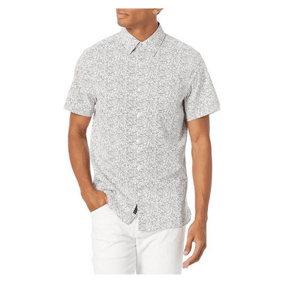 Perry Ellis Men Short Sleeve Porcelain Flower Print Stretch Shirt, White, L