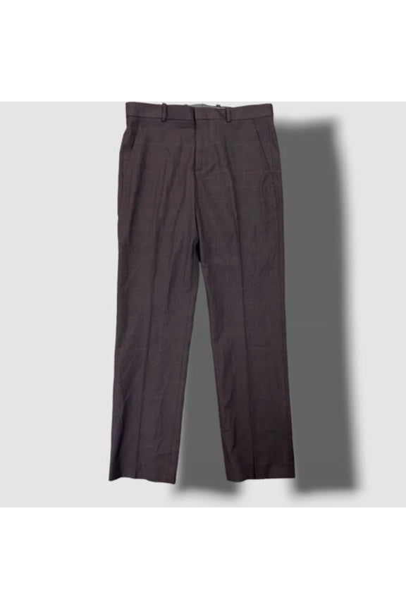 Men's Brown Slim-Fit Plaid Stretch Trousers Dress Pants 31W 30L