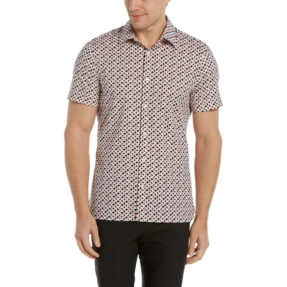 Perry Ellis Men's Diamond Geo Print Short Sleeve Stretch Button Down Shirt Black Size Large