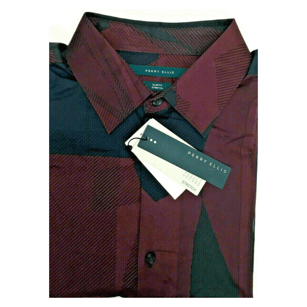 Perry Ellis Men s Slim Fit Geometric Print Long Sleeve Stretch Shirt In Wine L Walmart