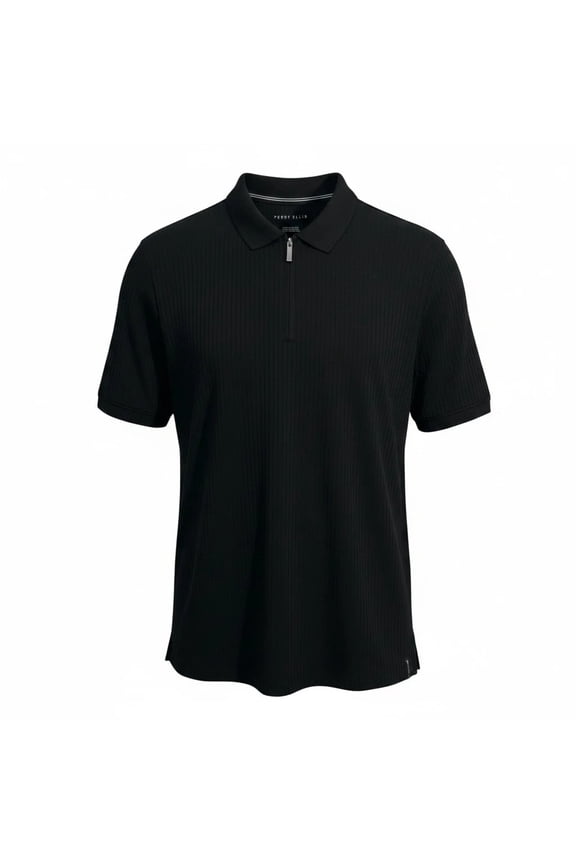 Men's Vertical Ribbed Quarter Zip Polo Shirt Size M Black Stretch