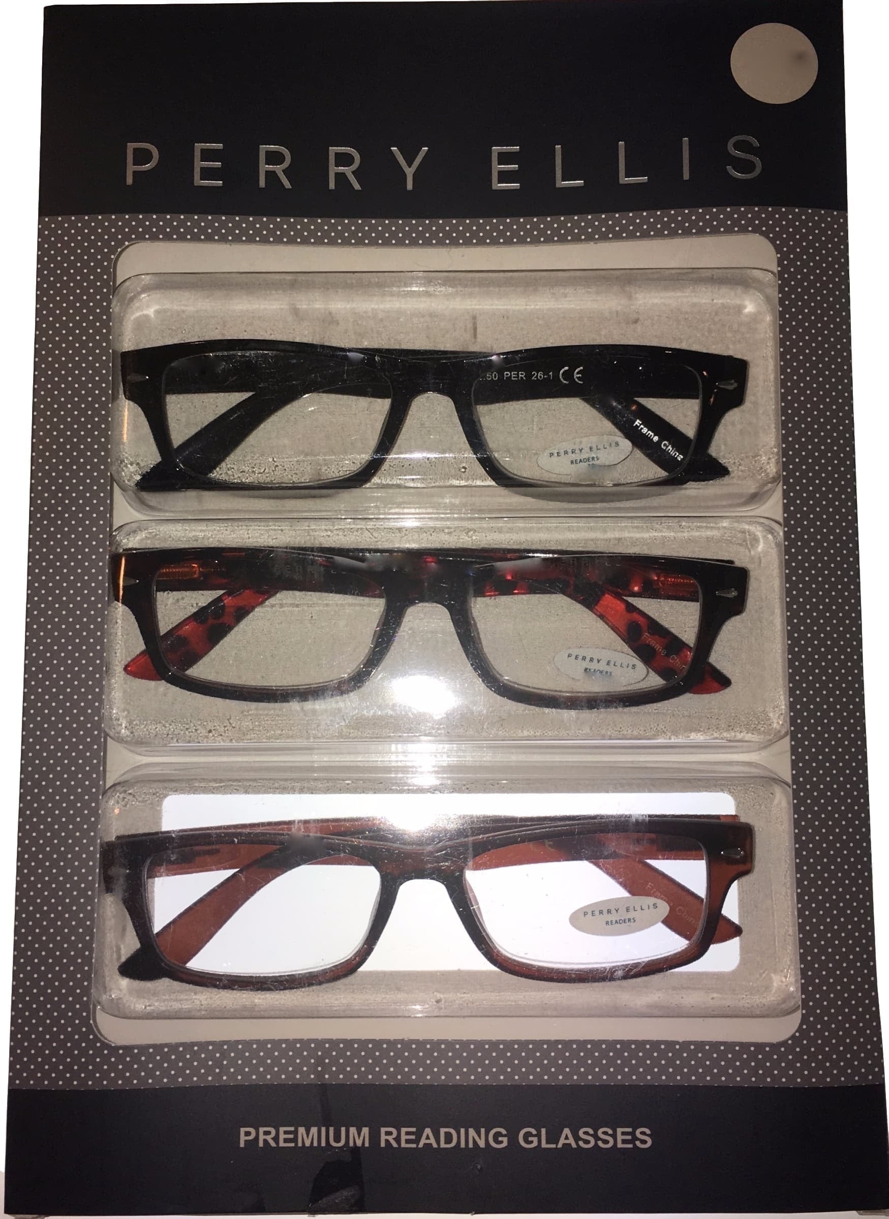 Perry Ellis  Mens 3 Pack Plastic Rectangle Reading Glass PEB 26 2.5