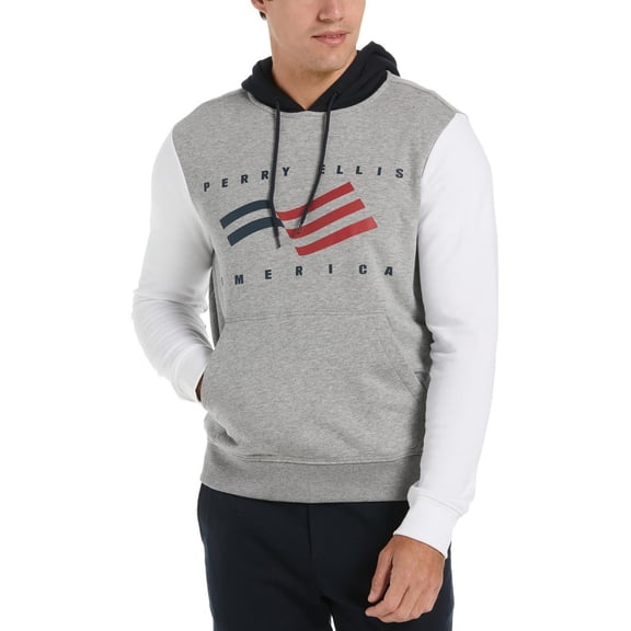 Perry Ellis America Men's Colour Block Pullover Hoodie Steel Heather Size L