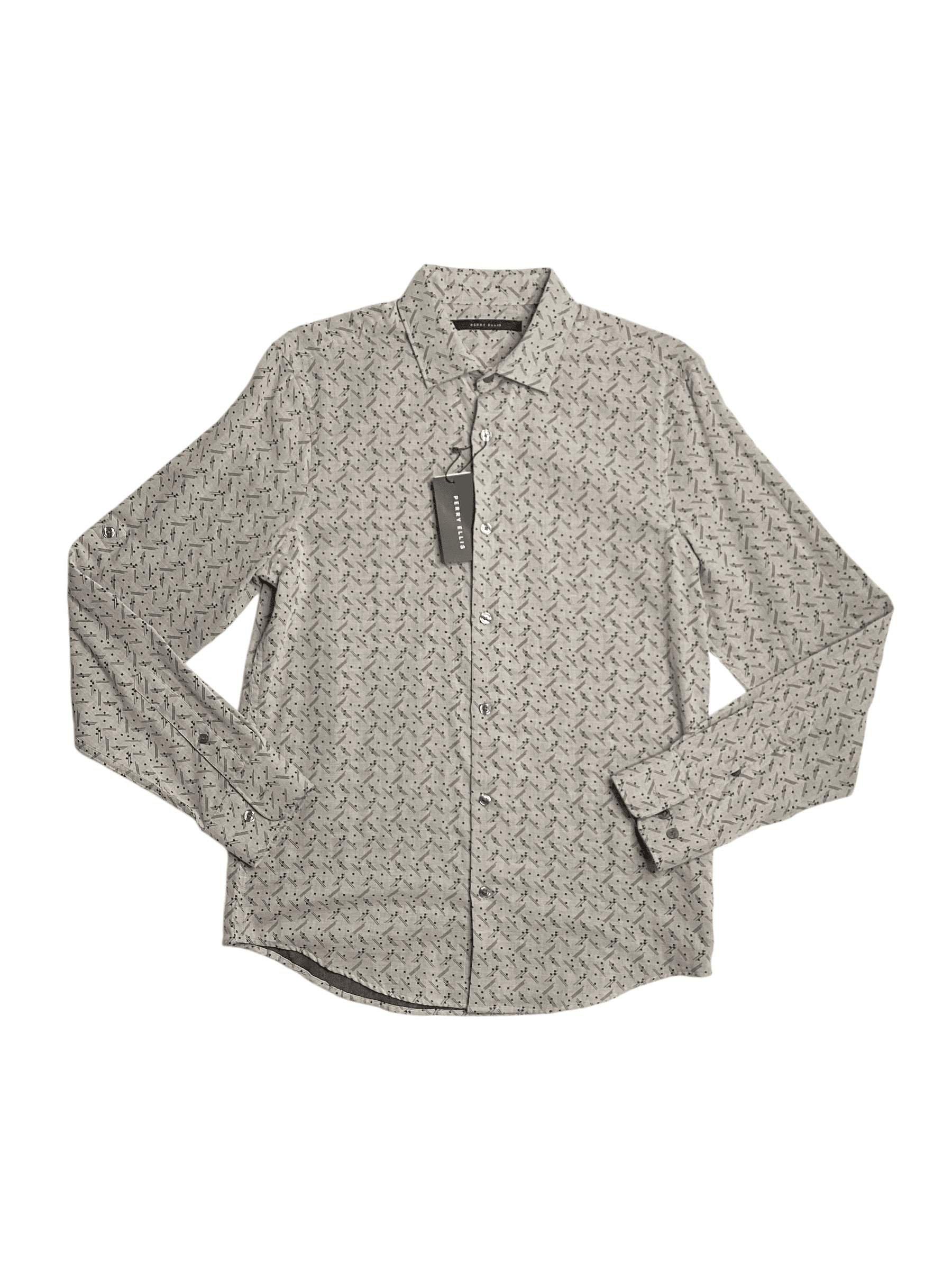 Perry Ellis Mens Geo Print Double Face Button Down Shirt Almond Beige Medium