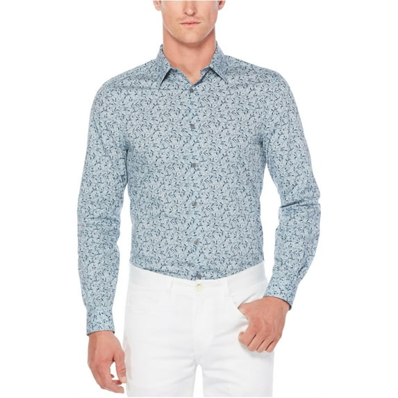 Perry Ellis Mens Leaf Button Up Shirt, Blue, X-Large