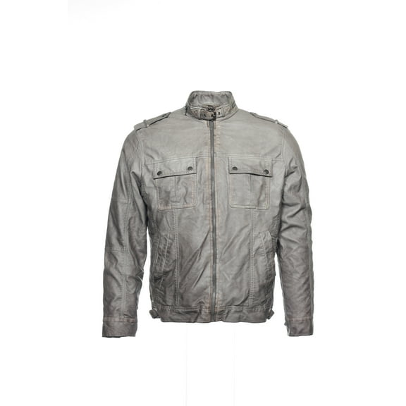 Perry Ellis Mens Metallic Faux Leather Bomber Jacket (Medium, Castlerock)