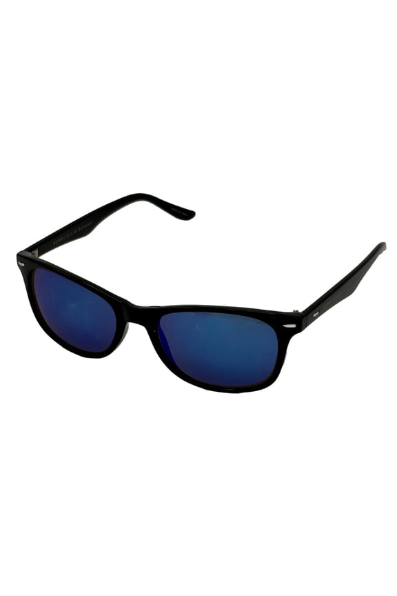 Mens Sunglass Black Plastic Rectangle, Blue Flash Lens PE97 1