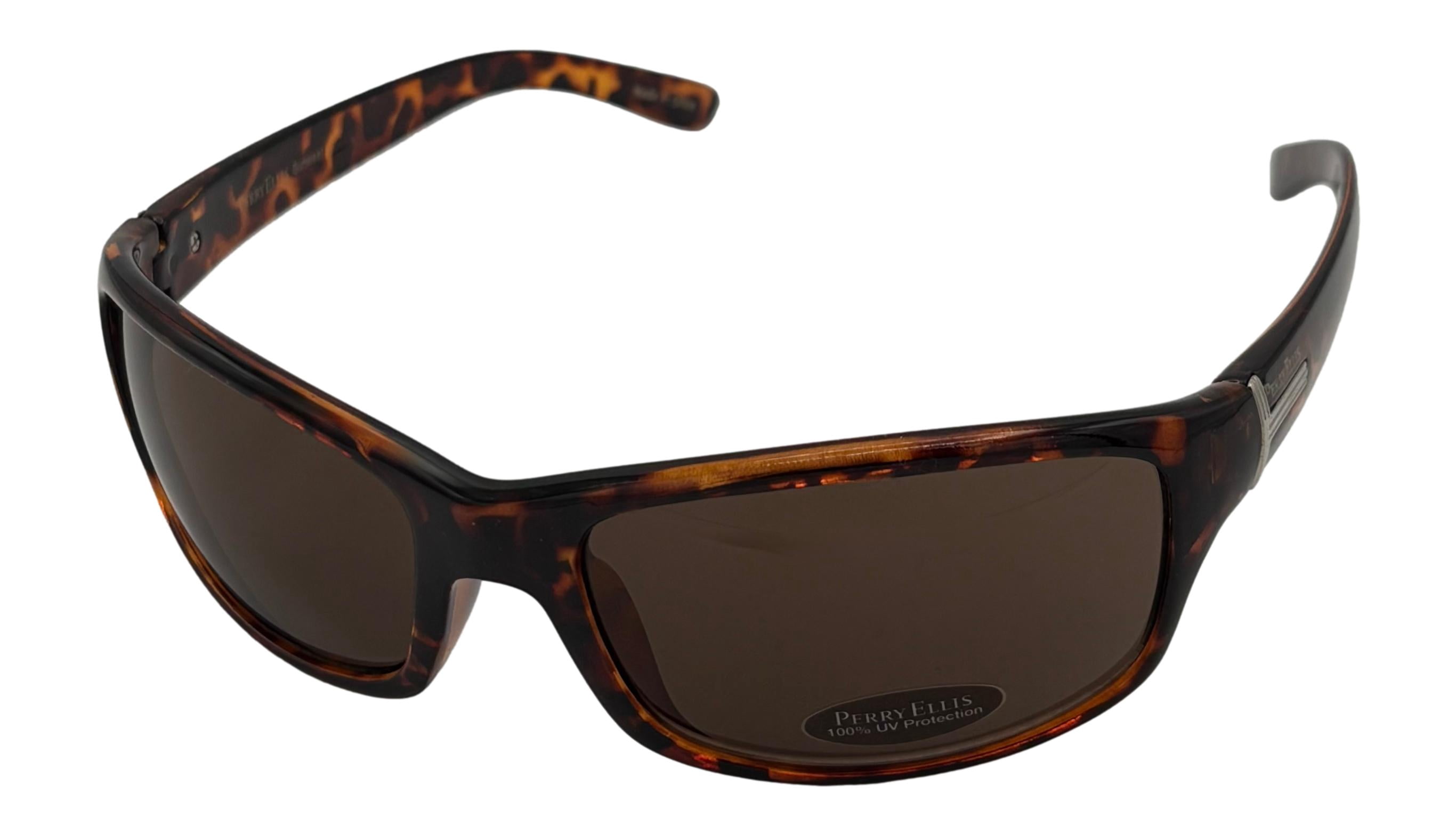 Perry Ellis Mens Sunglass Tortoise Plastic Rectangle Wrap, Brown Lens PE13 4