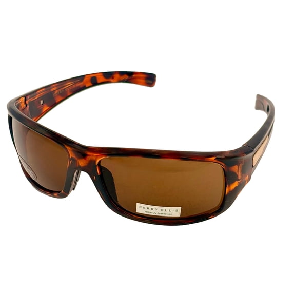 Perry Ellis Mens Sunglass Tortoise Plastic Rectangle Wrap, Brown Lens. PE51. 2
