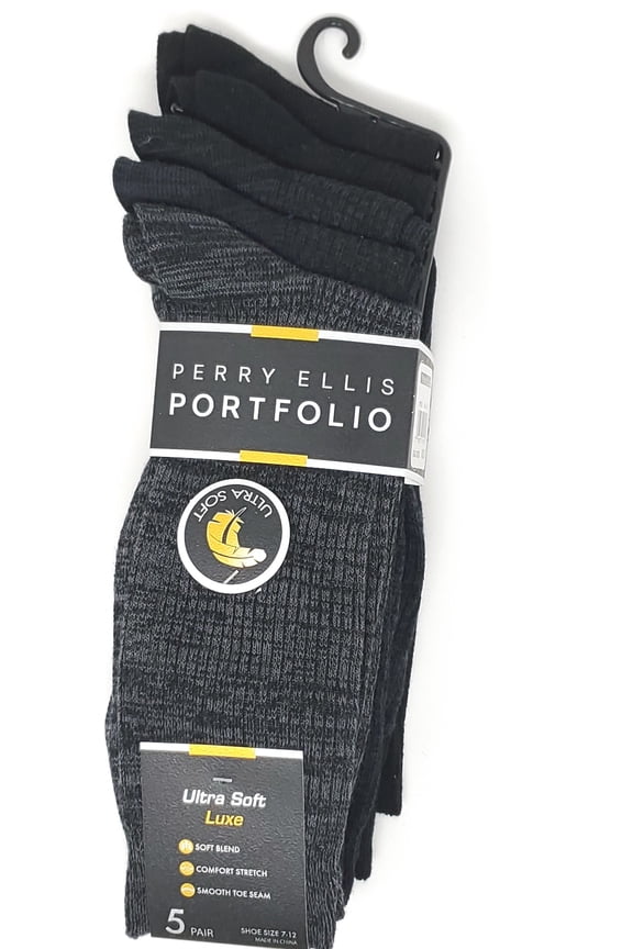 Portfolio Ultra Soft Luxe Crew Socks 5/Pack Charcoal / Black, Shoe Size 7-12