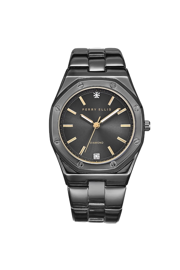 Slim Diamond Men’s Watch – Octagon Gray Sunray Dial, Gunmetal Alloy Band, Water-Resistant Analog