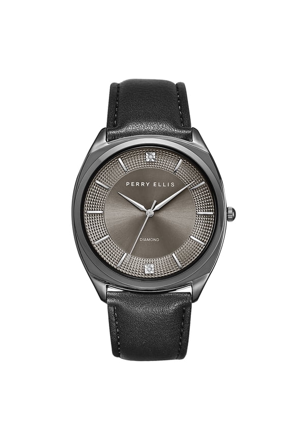 Slim Diamond Men’s Watch – Round Gunmetal Dial, Black Leather Strap, Gunmetal Finish, Water-Resistant Analog