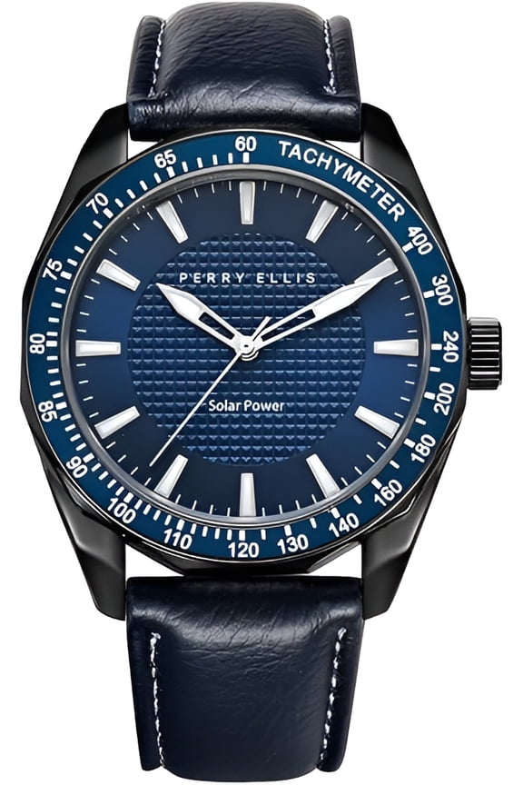 Solar Powered Mens Watch | Vegan Leather Water-Resistant Analog Wrist Watches for Men | 42mm Case | Aluminum Tachymeter Bezel | Elegant Gift for Man