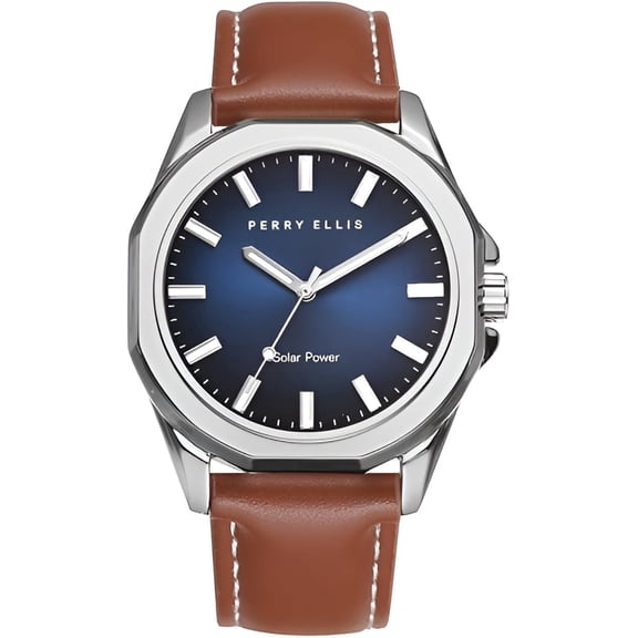Perry Ellis Solar Powered Mens Watch | Vegan Leather Water-Resistant Analog Wrist Watches for Men | 42mm Case | Relojes para Hombres | Elegant Gift for Man