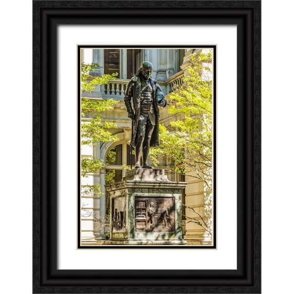 Perry, William 11x14 Black Ornate Wood Framed with Double Matting Museum Art Print Titled - Benjamin Franklin Statue-Boston-Massachusetts-Front of the Boston Latin School founded 1635-Statue